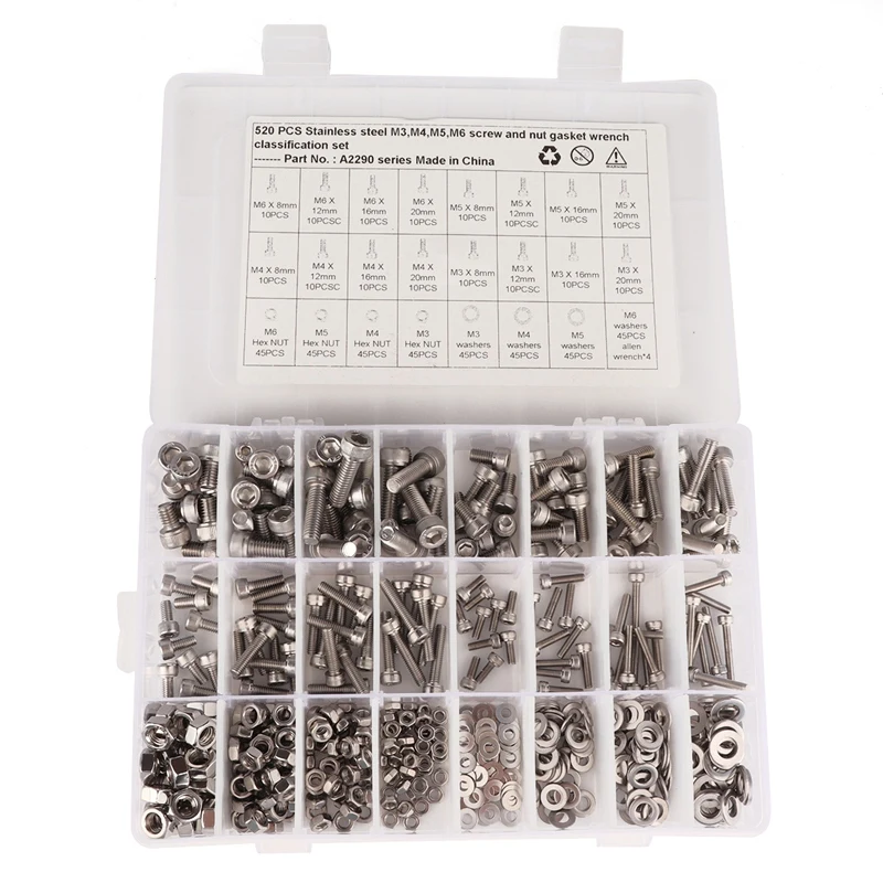 

520 Pcs Stainless Steel Screws And Nuts M3 M4 M5 M6 Hex Socket Head Cap Screws Assortment Set Kit With Storage Box