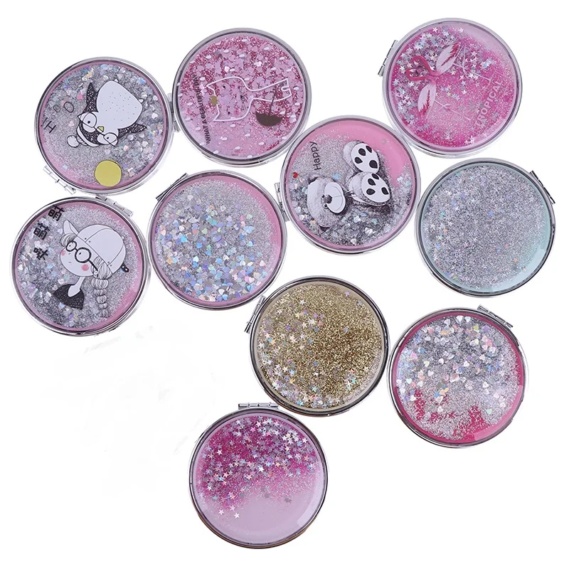 NEW Mini Make-Up Mirror With Sparkling Flowing Sand Compact Pocket Portable Double Sided Folding Cosmetic Mirror