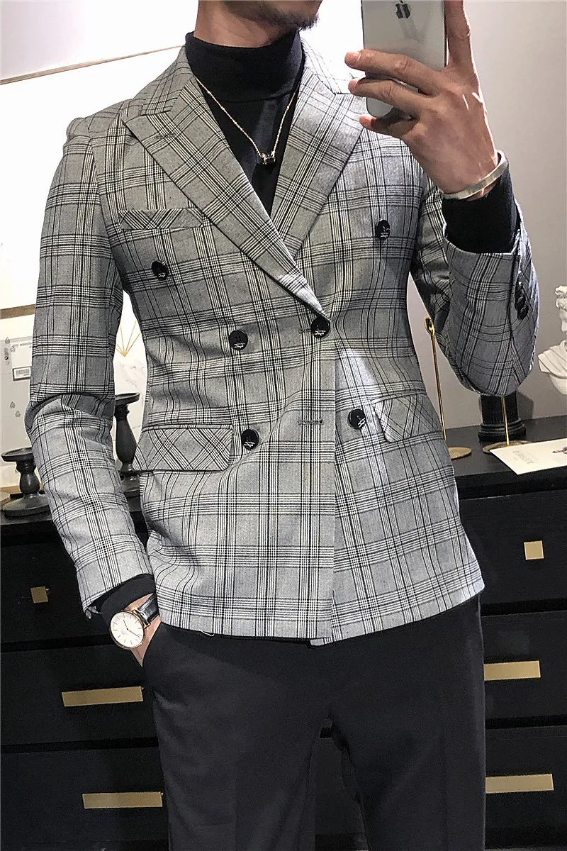 Men‘s Blazers Suit Jacket Plaid Smart Casual Solid Slim Fit Clothing Modis 3XL Double Breasted Male Blazers Men Suit Jackets