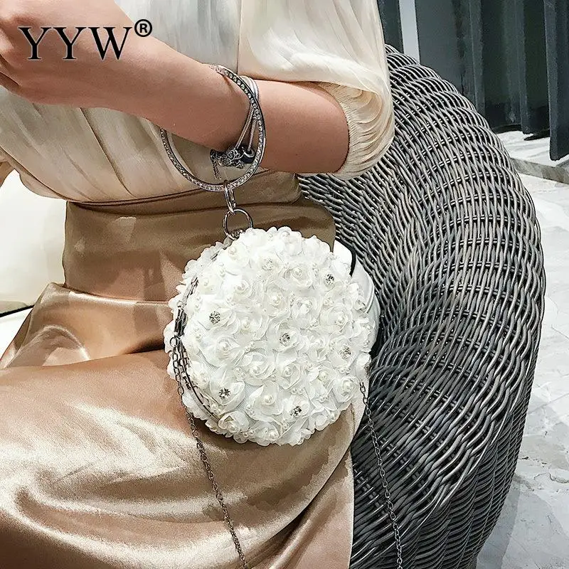 Black Floral Round Clutch Bag Female Elegant Evening Round Circle Ring Handbags Rhinestone Wedding Pouch Party Cocktail Clutches