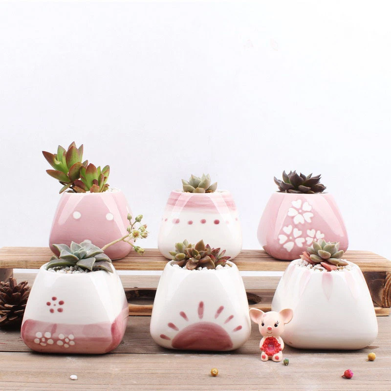 Juego de 6 macetas de cerámica pintadas a mano Sakura, para plantas  suculentas, artesanía decorativa, maceta de flores rosa para escritorio, 