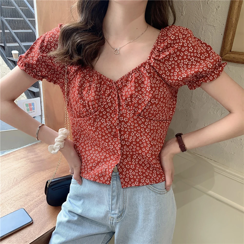 Women Summer Blouse Short Sleeve Floral Print Ruffles Ruched Ladies Fashion Sexy Shirt Top Woman Blouse And Top 2