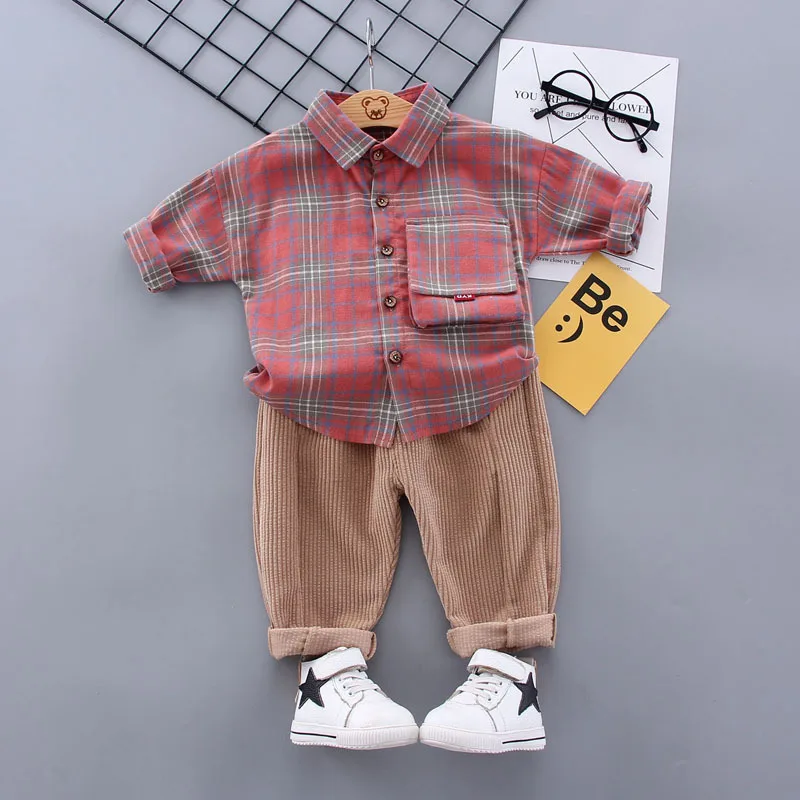 

Spring And Autumn Korean-style Children Stand Collar Plaid Shirt BOY'S Baby Spring And Autumn Fashion Long Sleeve Corduroy Trous