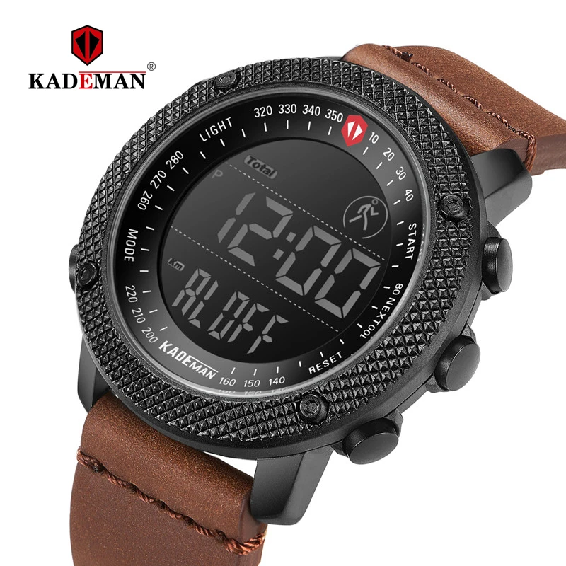 Online KADEMAN 2019 relojes deportivos de lujo para hombres reloj Digital LED contador de pasos 3ATM de diseñador de moda relojes de pulsera de cuero Casual reloj