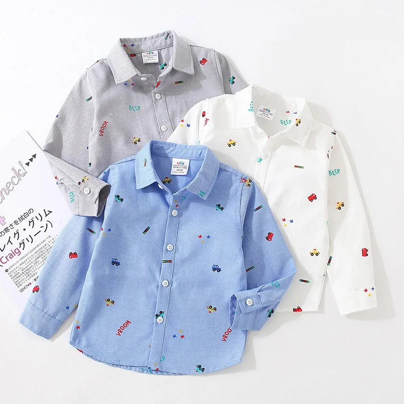 2024 Spring Autumn 2 3 4 5 6 7 8 10 Years Long Sleeve Car Pattern Full Print Handsome White Gray Cotton Shirt For Kids Baby Boys
