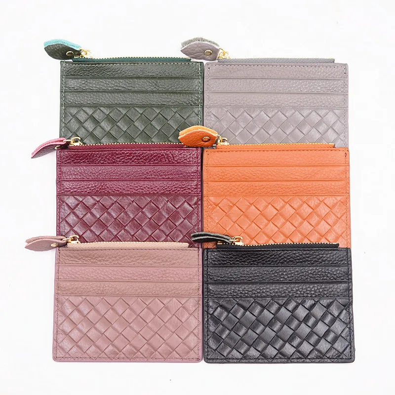 Genuine Leather Card Holder Female Black Plaid Credit ID Card Holders Zipper Wallet Change Coin Purse Keychain Business Card Bag