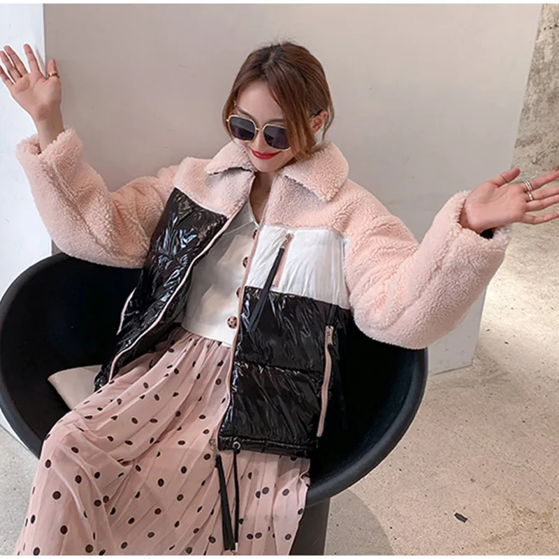 Winter Faux Fur Women's Cotton Coats Patchwork Warm Female Coat Short Plush Long Sleeve Turn-down Collar Ladies Jacket