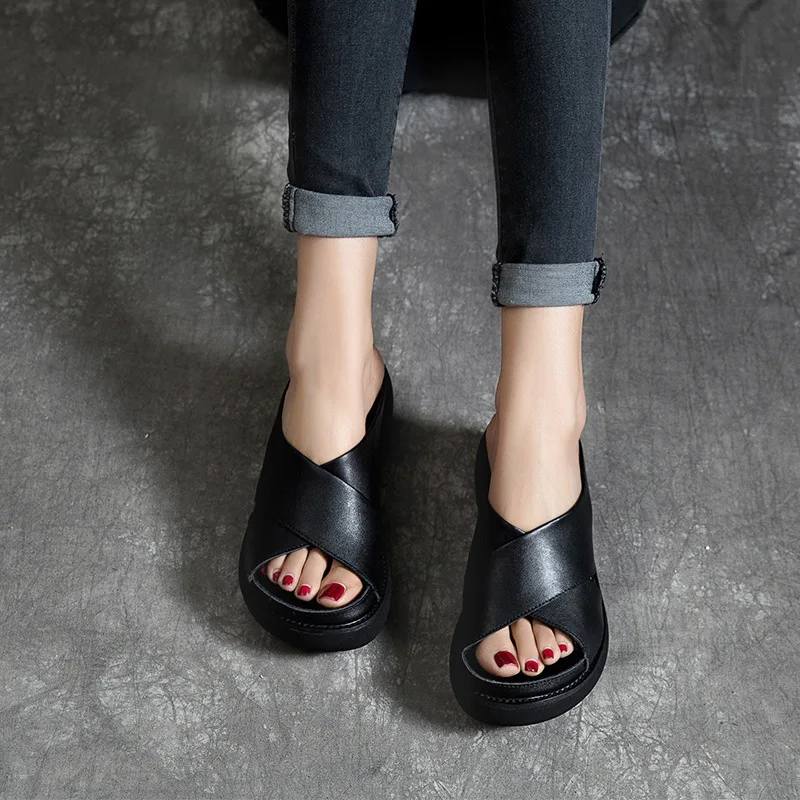 

[] 2019 Summer New Style Slipper Women's Outer Wear Retro Genuine Leather Sandals round-Toe Platform Semi-Slipper