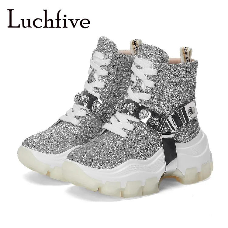 Silver Glittery Motorcycle Boots Height Increasing platform High Heels Botas Mujer Winter Women's Belted Ankle female | Обувь