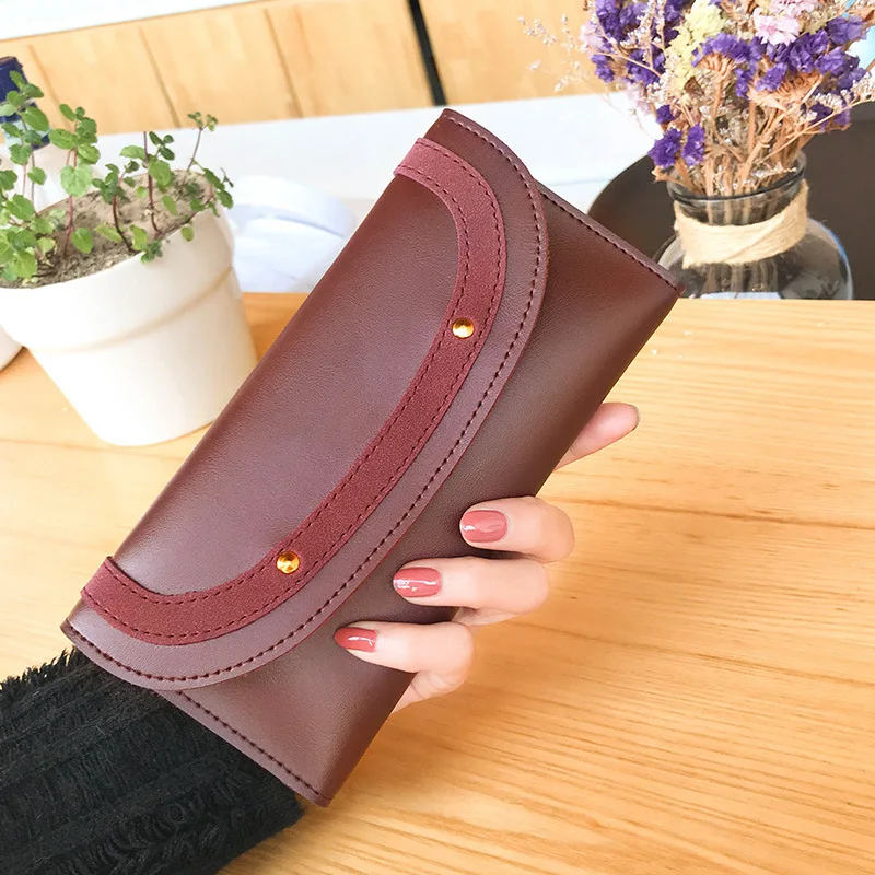 

Winter New Style WOMEN'S Wallet Europe And America Rivet Three Fold Multi-functional Long Clutch Bag Solid Color Casual Wallet