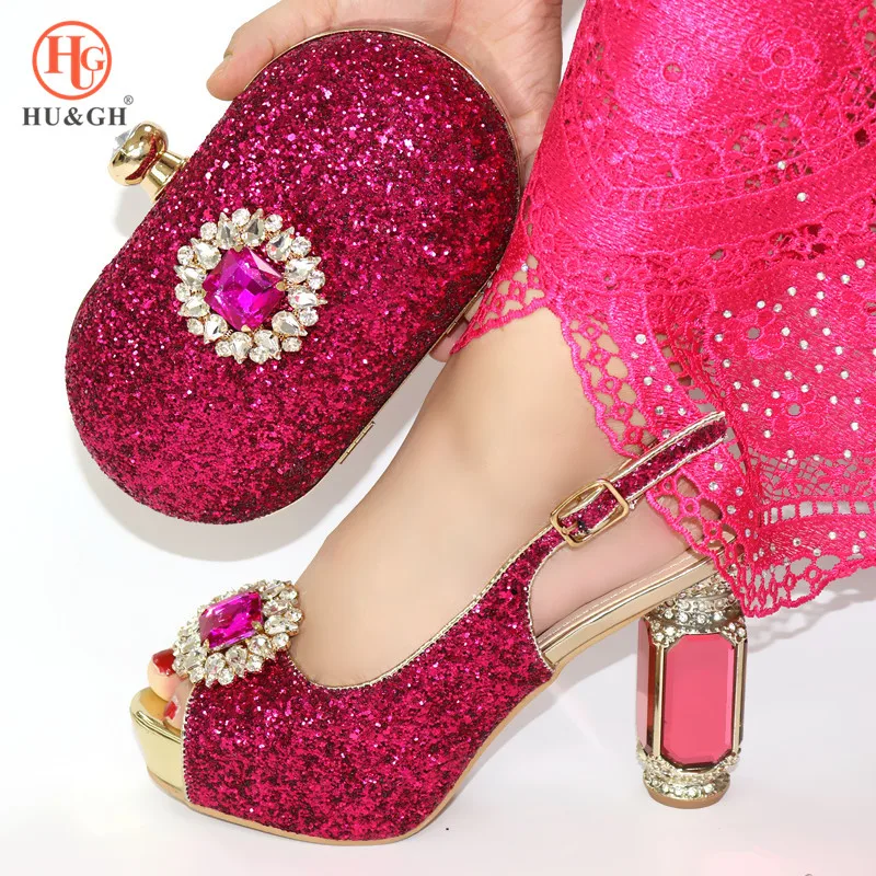 

2019 New African Women Shoe and Bag Set Fuchsia Italian Shoe with Matching Bag Set Nigerian Shoes and Bag Set for Wedding Party