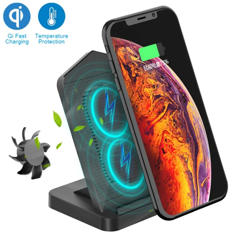 

10W Vertical Qi Wireless Charger Stand with Cooling Fan Fast Charge Station for iPhone X XS 8 XR Samsung S9 S10 S8 Xiaomi 9