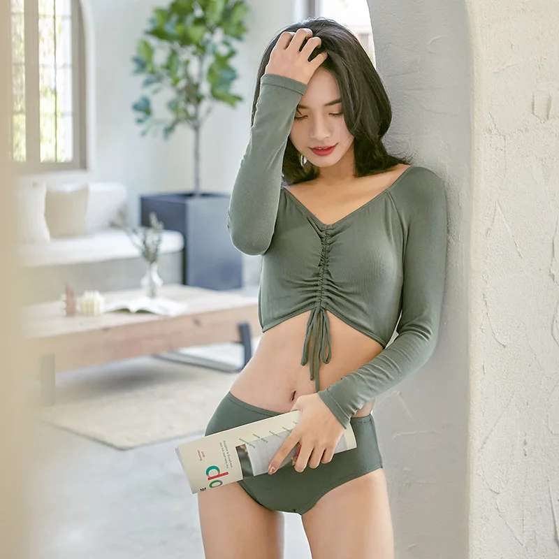 

Women Swimsuit Two Pieces Push Up Girls Swimming Suit Swim Swimwear New Female Sexy Shoulders Word Long Sleeve String Spandex