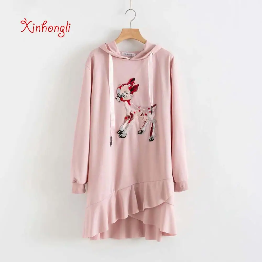 

Plus size cartoon Appliques hooded women loose sweet dress 2020 new spring autumn ladies pull vestidos female solid black pink