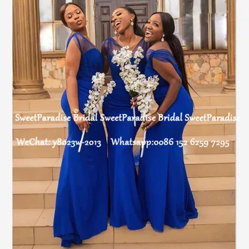 

African Women Mermaid Bridesmaid Dresses 2020 Royal Blue V Neck Sleeveless Long Wedding Guest Dress Vestidos De Fiesta De Noche