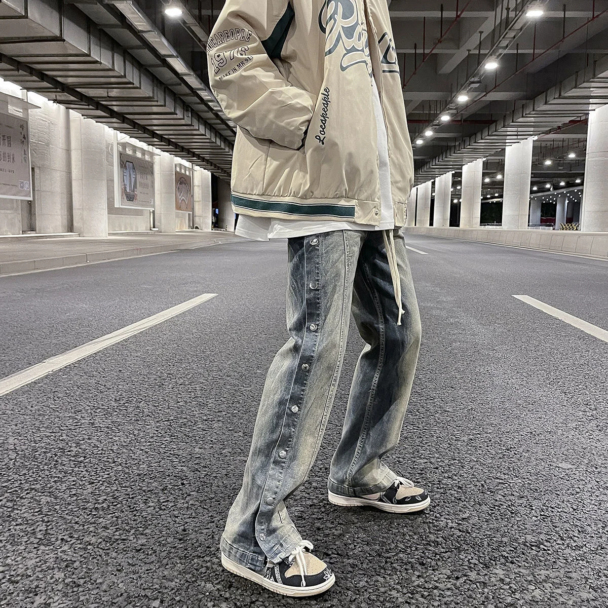 

2021 Men's Loose Straight Pants Breasted Decorate Casual Pants Baggy Homme Classic Retro Jeans Blue Color Biker Denim Trousers