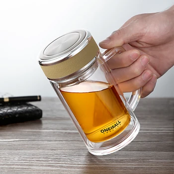 

Double Wall Glass Tea Cup Heat Resistant Mug Borosilicate Glass Infuser Cups with Tea Filter Handle 300ML