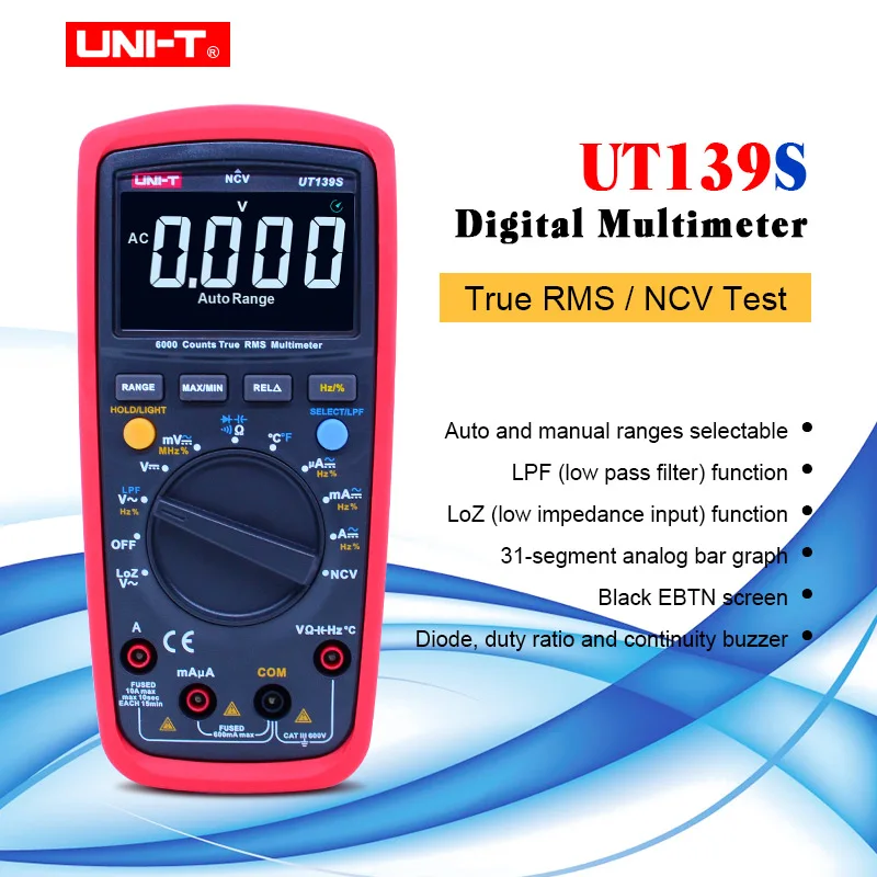 UNI-T UT139S True RMS цифровой мультиметр, LPF(фильтр низких частот)/LoZ(вход с низким импедансом) функция/температурный тест EBTN дисплей