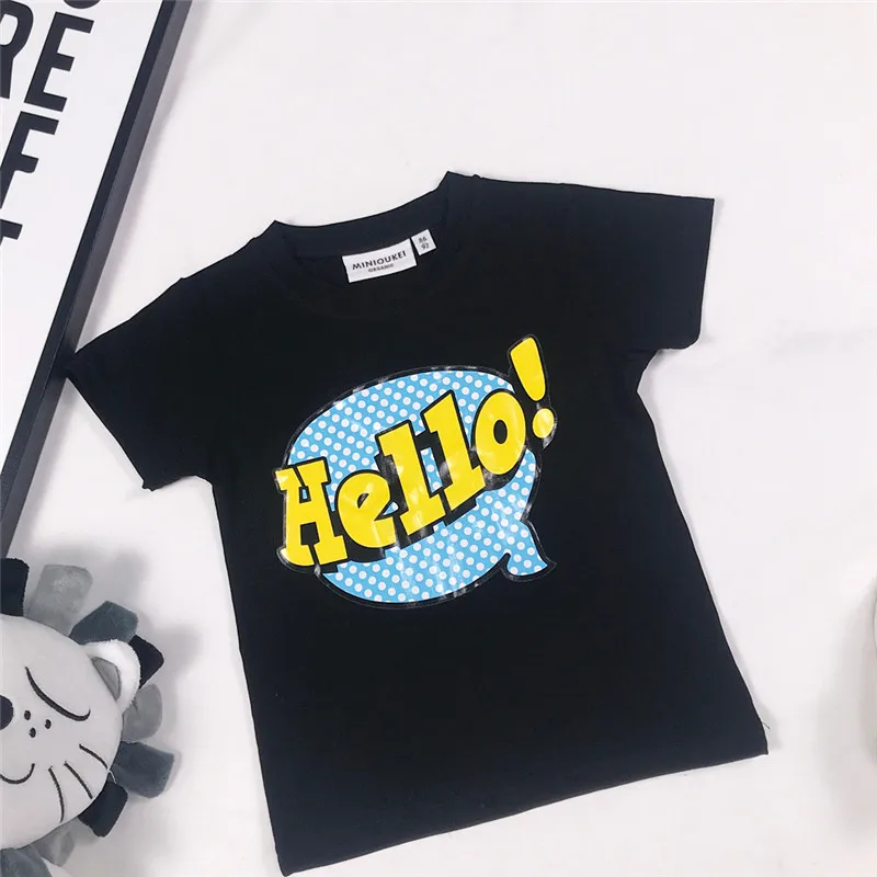 Новинка г.; летняя черная футболка с надписью «hello»; Классная хлопковая футболка для маленьких девочек; модная детская черная футболка