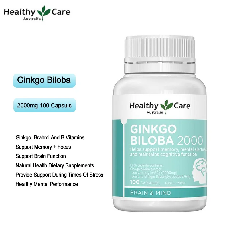 

Healthy Care Ginkgo Biloba 100Capsule Brahmi Vitamin B for Brain Cognitive Function Healthy Mental Performance When Stress Times