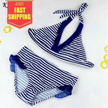 

Keelorn Girls Clothing Sets 2020 Fashion Summer Lacing Blue Bikini Suits Swimming Set Stripe Pattern Costume Clothing Sets