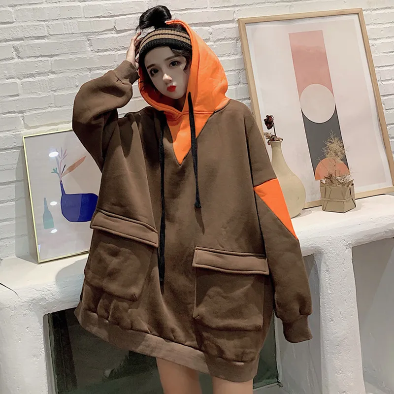 WHITNEY WANG осень зима мода уличная цвета контраст с капюшоном оверсайз флисовая толстовка женские толстовки свободный пуловер