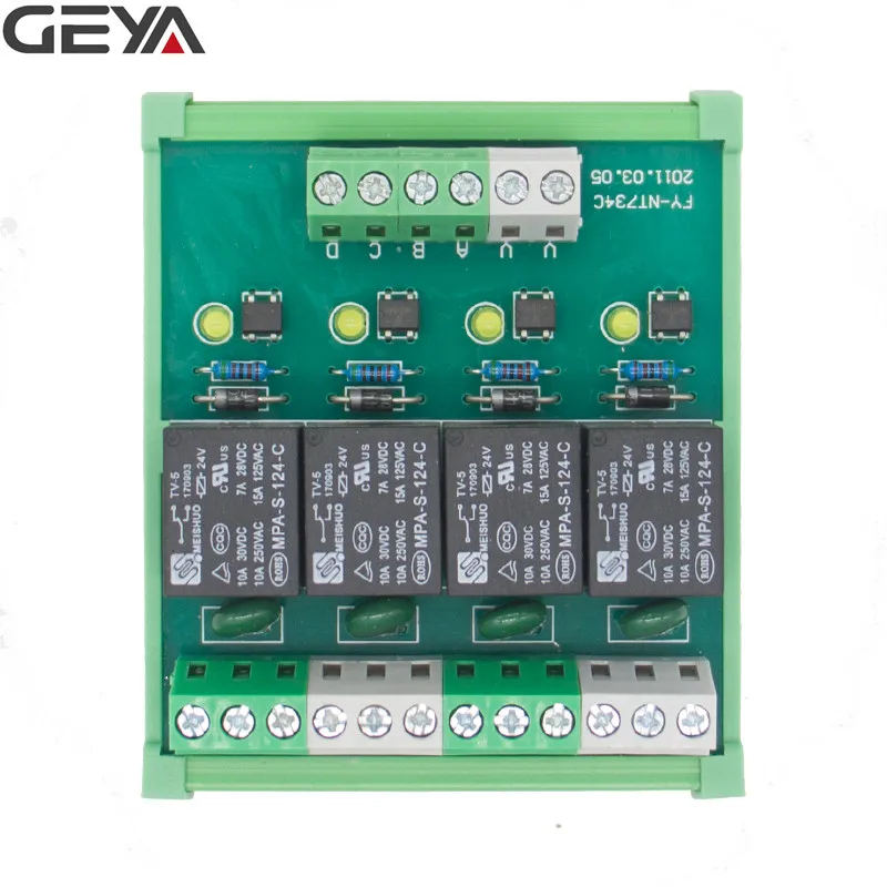 GEYA 4-Канальный Релейный Модуль 1 SPDT DIN рейка крепление 12V 24V DC/AC Интерфейс триггерный релейный модуль 230VAC