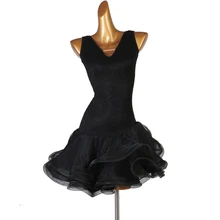 Профессиональное платье для латинских танцев, черное сексуальное платье с v-образным вырезом, женские бальные платья для танцев, большая юбка для танцев, по индивидуальному заказу, DL4796