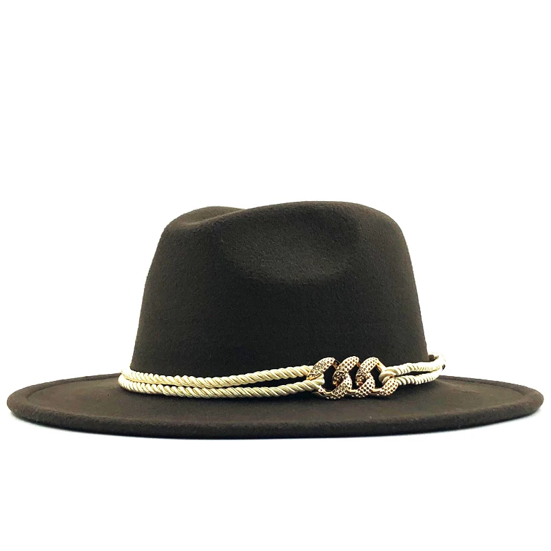 Черный шерстяной фетр Джаз Fedora шапки со шнурками Пряжка декор для женщин унисекс Панама с широкими полями Трилби ковбойская Кепка Панама
