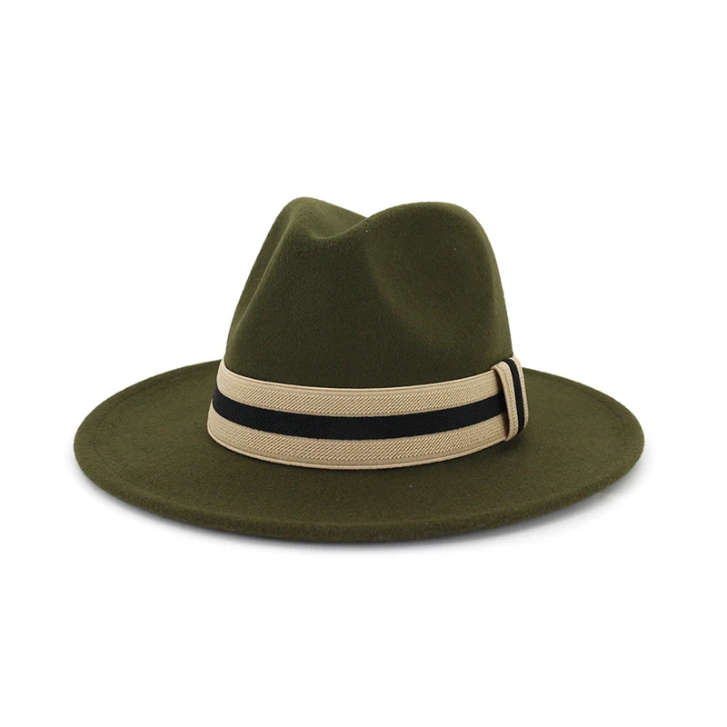 army green fedora FS для женщин и мужчин желтый розовый шерстяной джазовый шляпа красный зимний теплый котелок Fedora шапки для дам простые с широкими полями Trilby Chapeau с лентой - Цвет: army green fedora