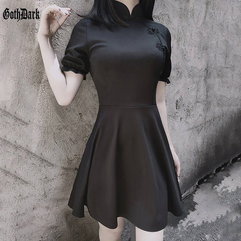 

Goth Dark Vintage Aesthetic Gothic Dresses Black Embroidery Pleated Grunge Autumn 2019 Female Dress Fall Fashion Lantern Sleeve