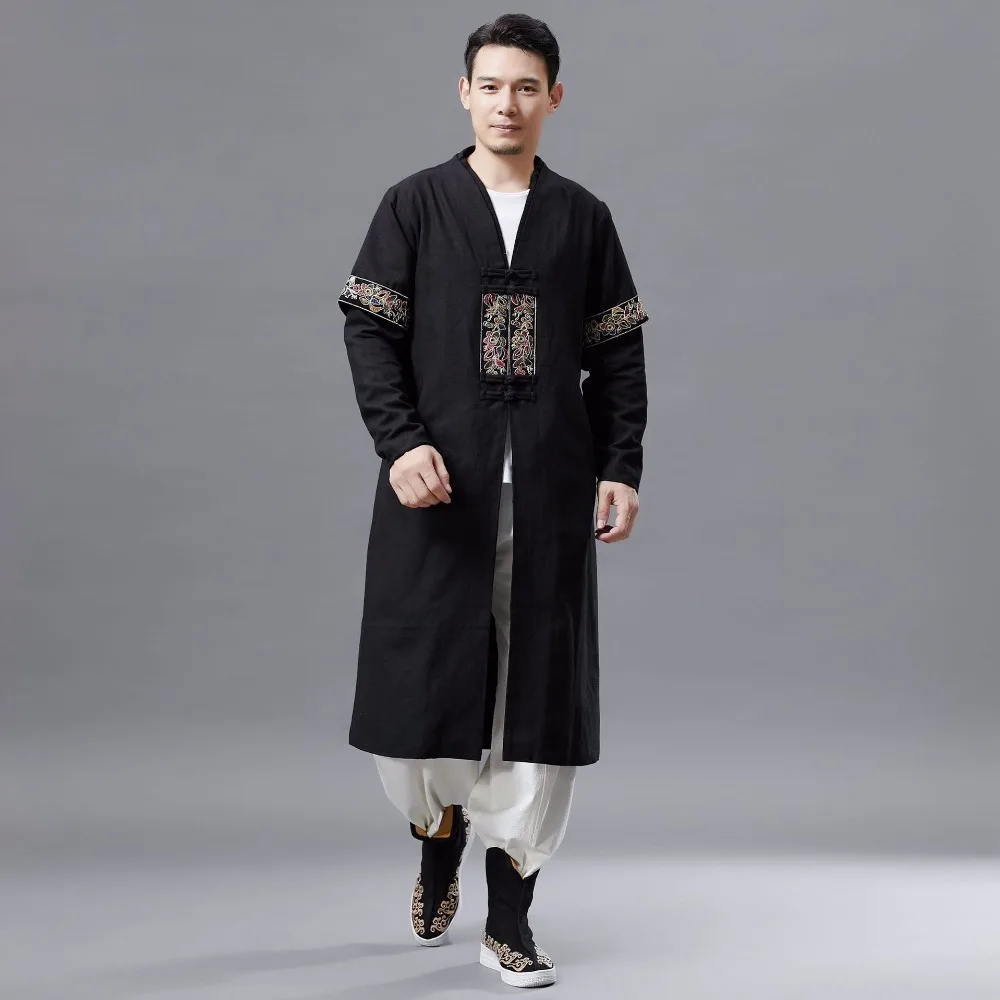 LZJN 2019 Men Autumn Trench Coat Cotton Linen Longline Long Sleeve Jacket Chinese Frog Buttons Outfit Overcoat with Pockets (18)