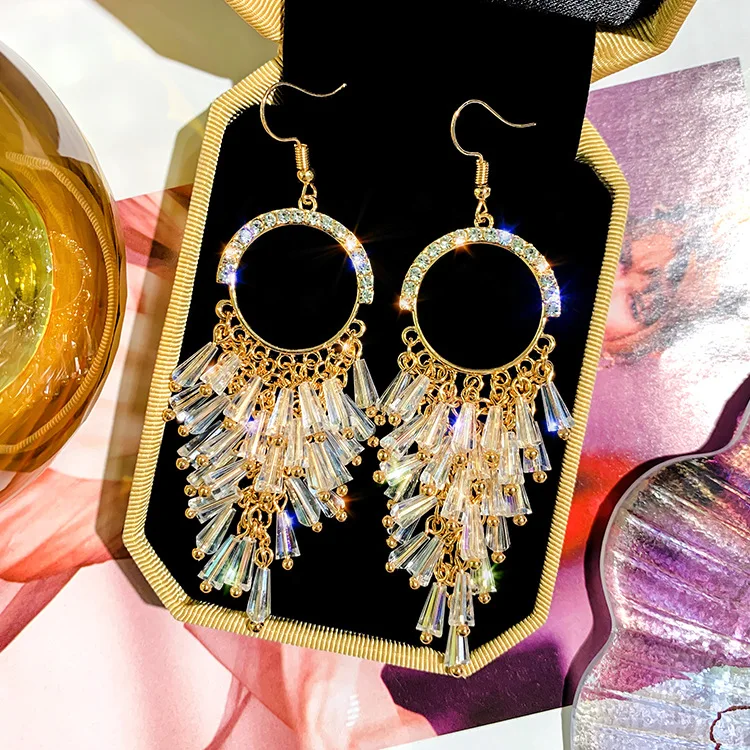

Fashion Double Crystal Loop Drop Earrings For Women Long Wave Dangle Earrings High Quality Statement Wedding Jewelry Wholesale