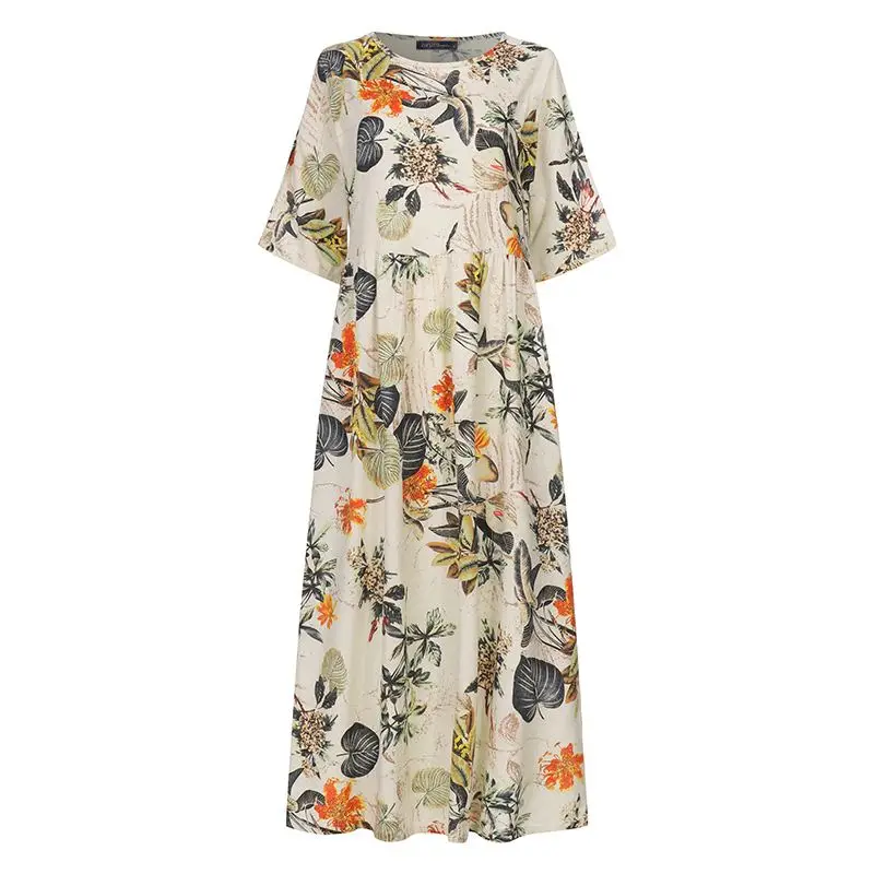 3 Yellow Floral Элегантное женское летнее платье с принтом, ZANZEA, Повседневный Сарафан с цветочным рисунком, рукав до локтя, макси, Vestidos, женское Плиссированное Платье, Femme S-5XL - Цвет: 3 Yellow Floral