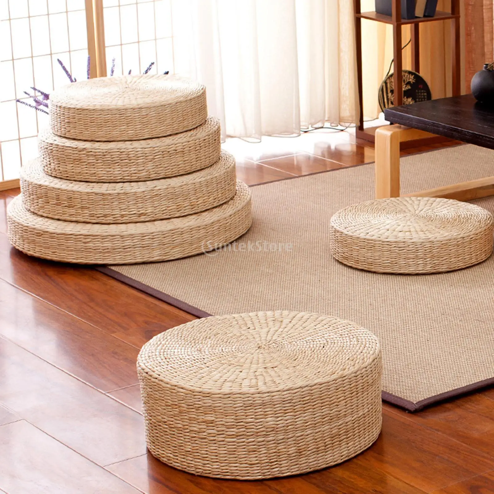 Round rustic floor cushions/floor pouf/Straw pouf/Pouf ottoman/Meditation/Yoga 