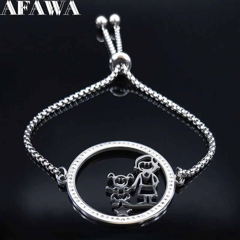 

2019 Family Dad Mum Two Daughter and Son Crystal Stainless Steel Bracelets for Women Silver Color Bracelet Jewelry joyas B18519
