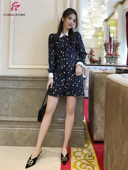 

2020 European Fashion Doll Collar Printed Rhinestone Breasted Shirt Dress Women
