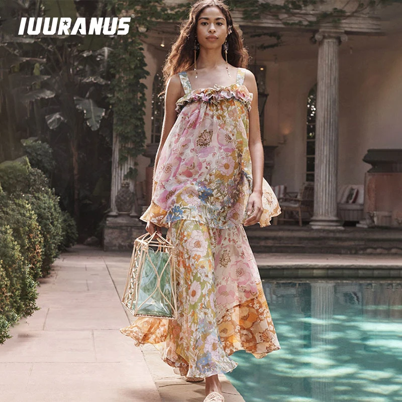 

IUURANUS Print Patchwork Ruffle Dress Women Spaghetti Strap Square Collar High Waist Dresses Female 2019 Fashion Clothes New