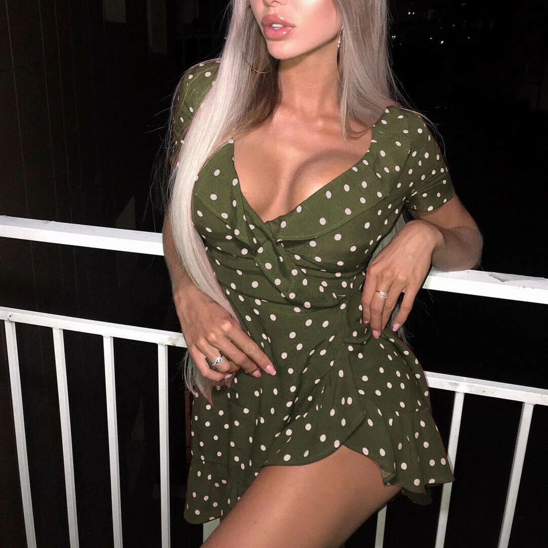 Fashion Boho Women Summer Polka Dot Short Sleeve Deep V Neck Mini Dress Party Beach Holiday Sweet Ruffles Sundress