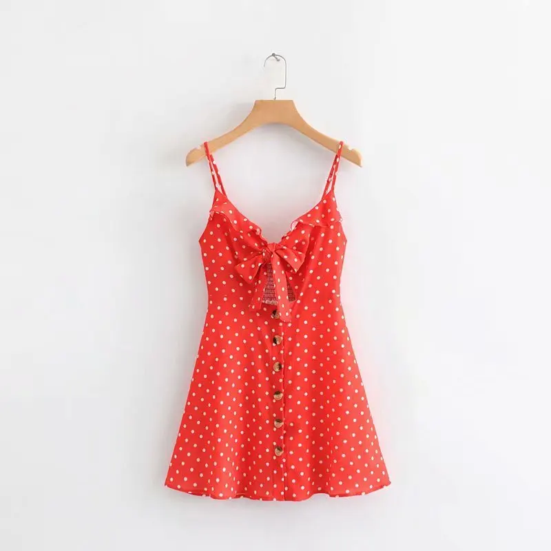 

Western Style 2019 Spring And Summer New Style Slim Fit Polka Dot Printing Slip Dress Lace-up Slimming Buckle Short Skirt
