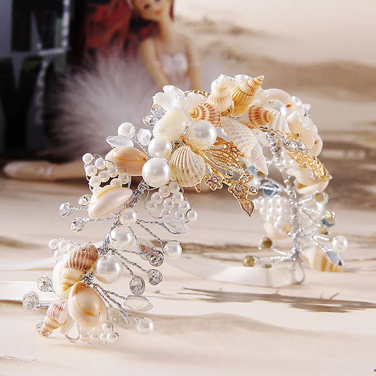 Handmade Pearl Conch Big Hoop Sea Snail Shell Crown Brides Headdress Beach Wedding Hair Accessories hair accessory hair headdress bridal headwear hair band crown