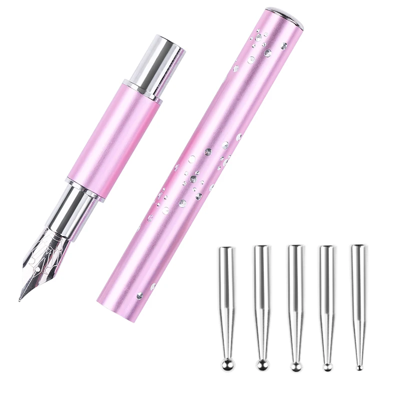 

Professional Nail Art Tool Pink Nail Dotting Pen with Mixed Size 5 Replacement Heads Painting Drawing Brush Pencil Nail Design