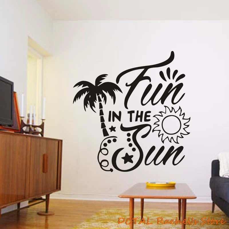 Seashore Beach Sticker Home Decor Coconut Tree Wording Fun In The Sun Vinyl Decal