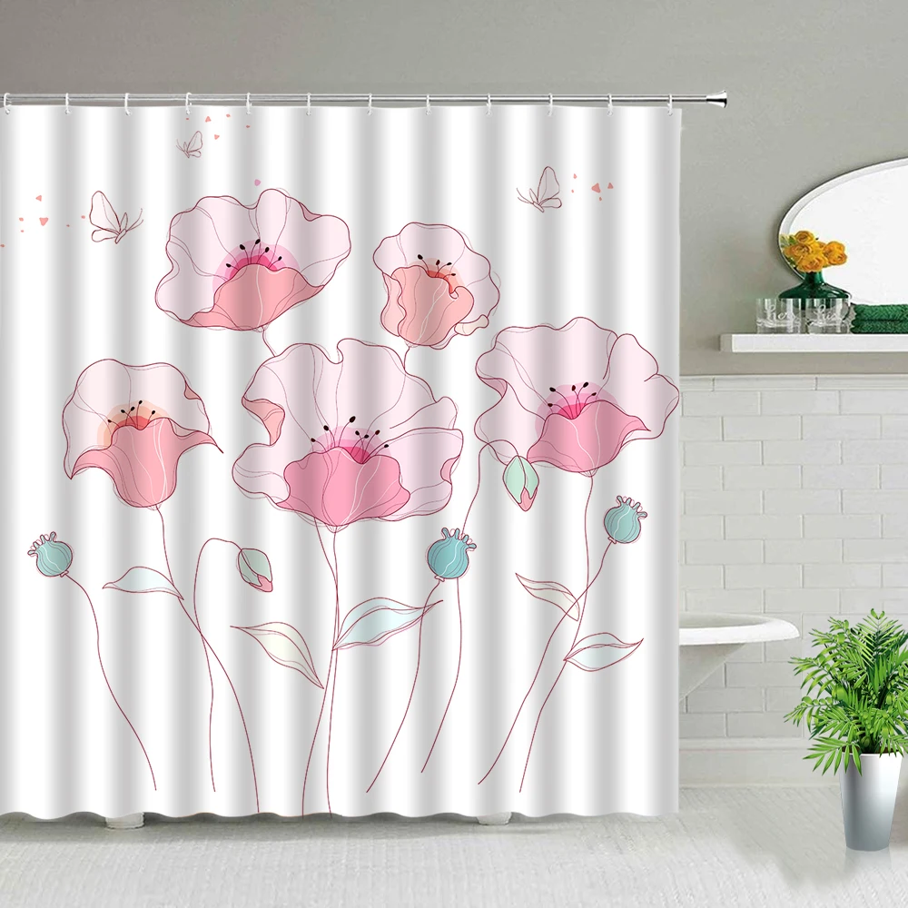 

Занавеска для душа с принтом розовых цветов и растений, водонепроницаемый тканевый Декор для ванной комнаты, с крючками