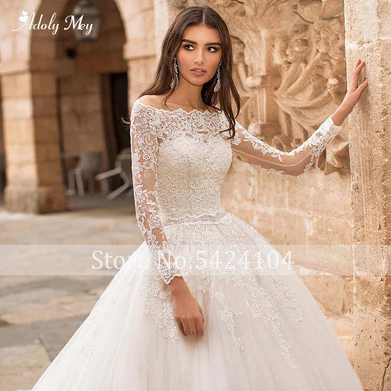 Adoly Mey романтичный вырез лодочка, аппликация с длинным рукавом ТРАПЕЦИЕВИДНОЕ свадебное платье роскошное свадебное платье с поясом и бисером