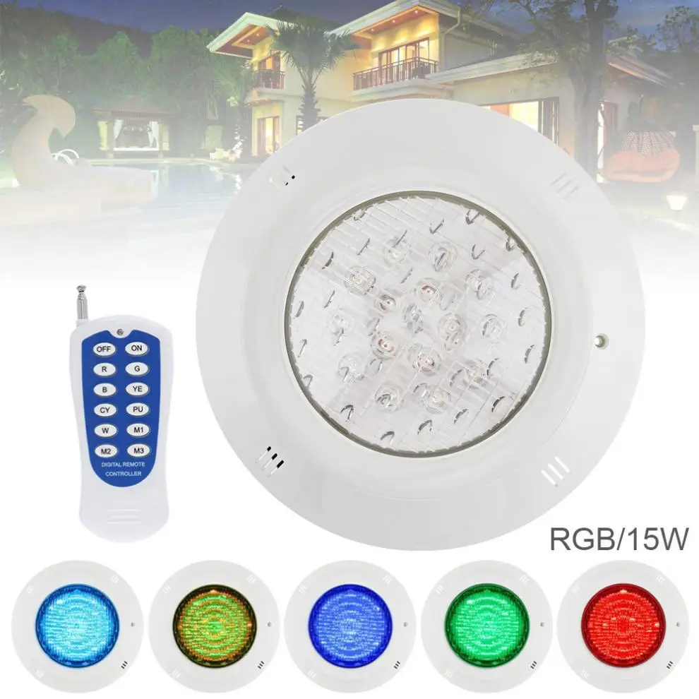 15 LED 12V 15W LED RGB Swimming Pool Light RGB 3000K Remote Control Waterproof Light Underwater Light for Swimming Pool
