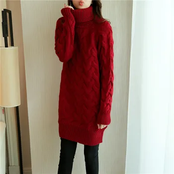 

Sweater Women Real Thread Pullover Women's 2019 New Loose High Necked Sweater Medium Length Thickened Knitwear And Twist Dress