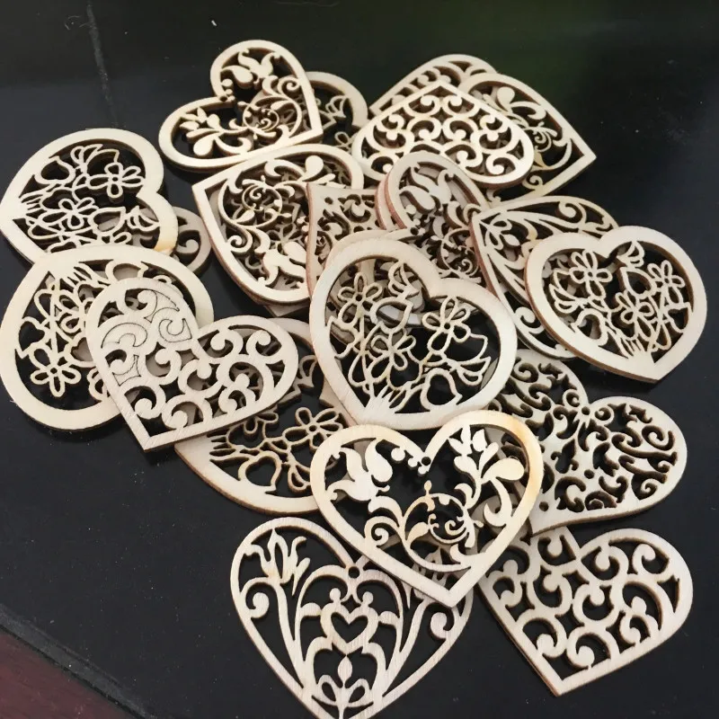 30pcs Wooden Crafts Hollow Carving Flowers Heart Wood Chips Decoration Hanging Ornament DIY Accessories Home Decor Pendant