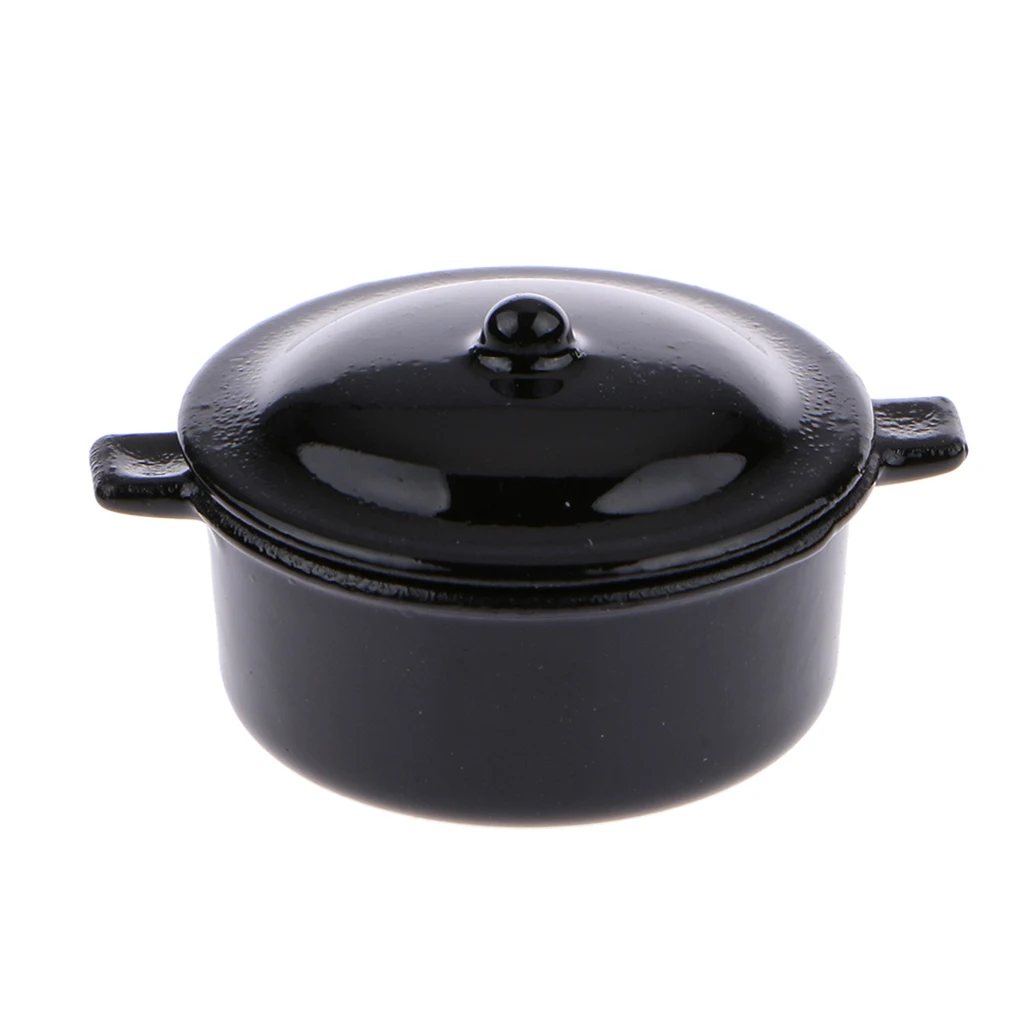Dollhouse Miniature Kitchen Utensil Cookware Metal Casserole Dish Stew Pan Stockpot Black 12th Scale