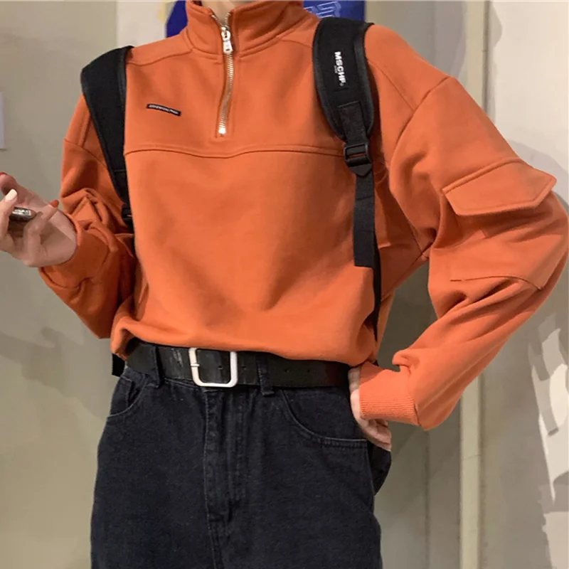 Orange Red Женские короткие пуловеры, толстовка с длинным рукавом и буквенным принтом, водолазка на молнии с карманами, Женская толстовка, осень, повседневные женские топы - Цвет: Orange Red